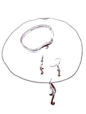 NA HOKU KOA WOOD WATERFALL PENDANT NECKLACE, BANGLE BRACELET AND EARRING SET